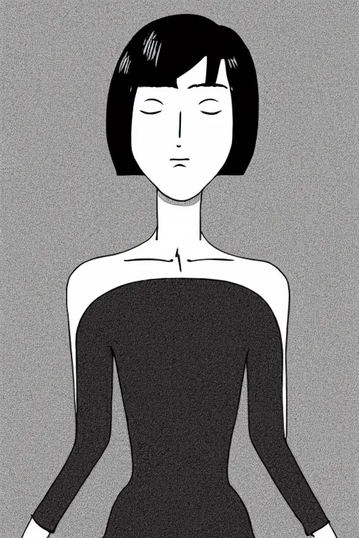 Prompt: portrait of a girl in long pants and a top, hands in pockets, eyes closed, bob haircut, digital art, black and white, minimalistic illustration by junji ito and kaoru mori