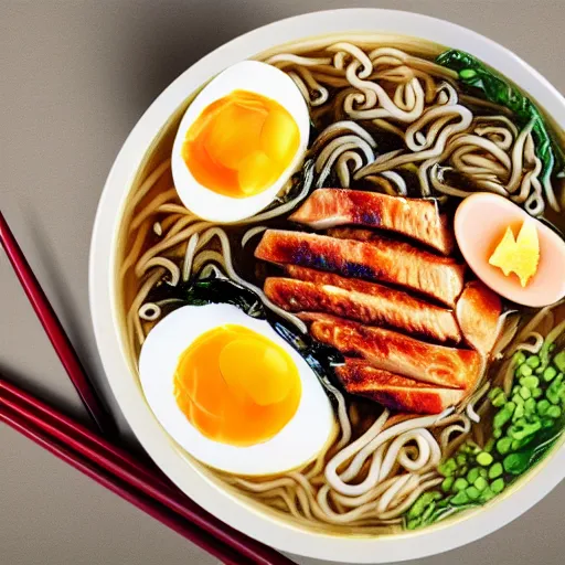 Prompt: A delicious ramen with chicken, eggs, and veggies, photorealistic imagery, 35mm photography, 4k, 8k