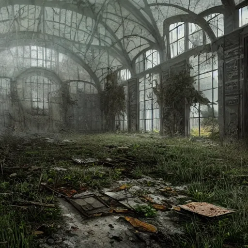 Image similar to abandoned high school overtaken by plants and nature and rot, artstation, high quality, detailed, eerie atmosphere