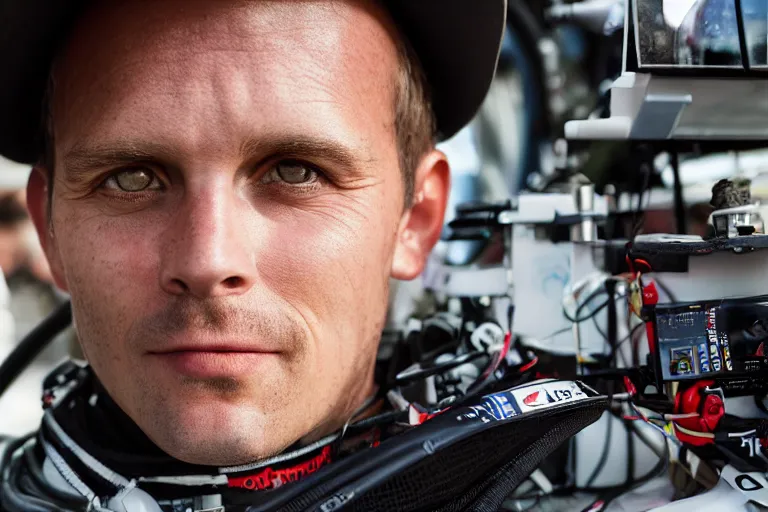 Prompt: closeup portrait of a technician at the formula 1 starting grid, by Steve McCurry and David Lazar, natural light, detailed face, CANON Eos C300, ƒ1.8, 35mm, 8K, medium-format print