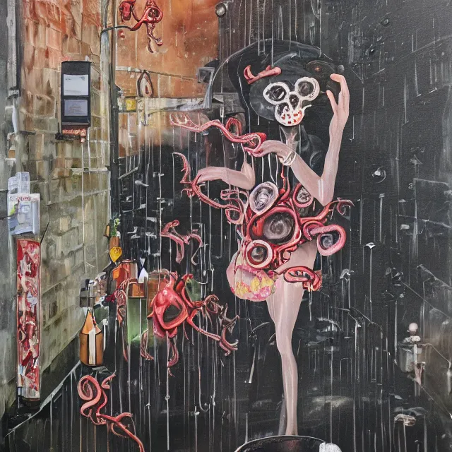 Prompt: a portrait in a dark laneway, a woman holding pancakes, streetlamps, rain, berries dripping, scientific instruments, ikebana, octopus, neo - expressionism, surrealism, acrylic and spray paint and oilstick on canvas