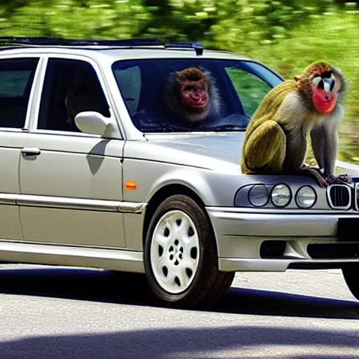 Prompt: Macaque driving a BMW e46 vehicle