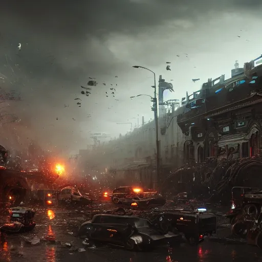 Image similar to truck stampede by Greg Rutkowski, Sung Choi, Mitchell Mohrhauser, Maciej Kuciara, Johnson Ting, Maxim Verehin, Peter Konig, Bloodborne, macro lens, 35mm, 8k photorealistic, cinematic lighting, HD, high details, atmospheric