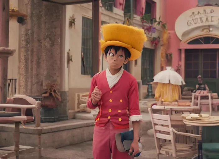 Image similar to a film still of cosplay of luffy in the grand budapest hotel ( 2 0 1 4 ), 4 k