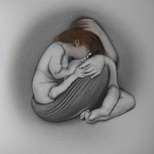 Prompt: This body art is beautiful because of its harmony of colors and its simple but powerful composition. The artist has created a scene of peaceful domesticity, with a mother and child in the center, surrounded by a few simple objects. The colors are muted and calming, and the overall effect is one of serenity and calm. pencil drawing, graphite by Nora Heysen incredible