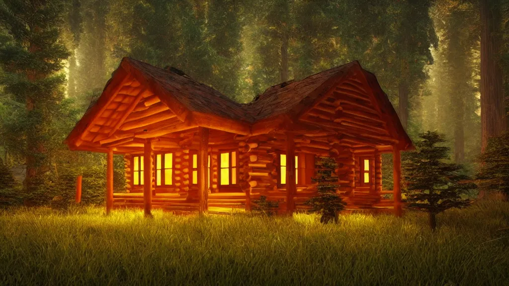 Image similar to portrait of an ethereal log cabin made of golden purple and green light, evergreen forest, divine, cyberspace, mysterious, dark high-contrast concept art, 3D render