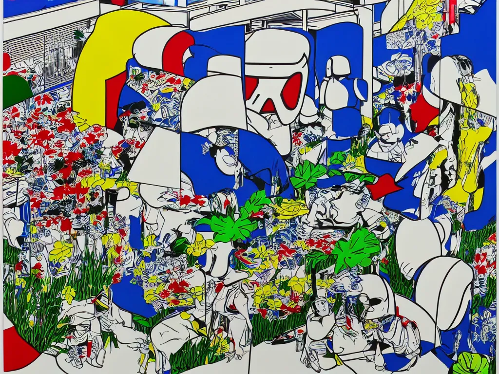 Image similar to hyperrealism composition of the japanese home with a garden, detailed stormtrooper in hot springs, pop - art style, jacky tsai style, andy warhol style, roy lichtenstein style, acrylic on canvas