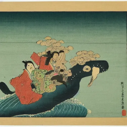 Prompt: dogs riding on the back of a whale in the middle of the ocean, Edo Period Japanese Art, award-winning art