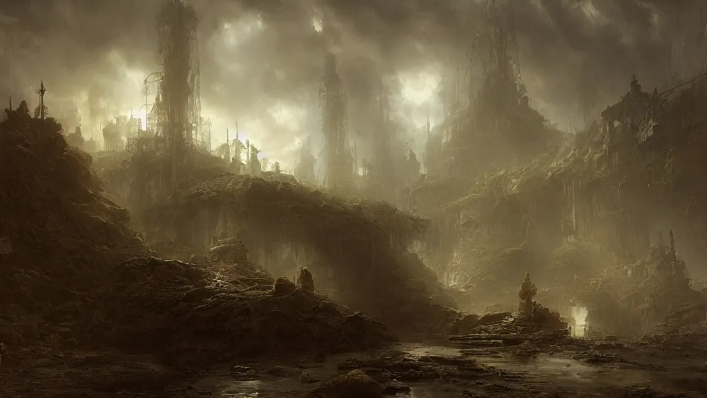 Image similar to steampunk landscape underground, andreas achenbach, artgerm, mikko lagerstedt, zack snyder, tokujin yoshioka