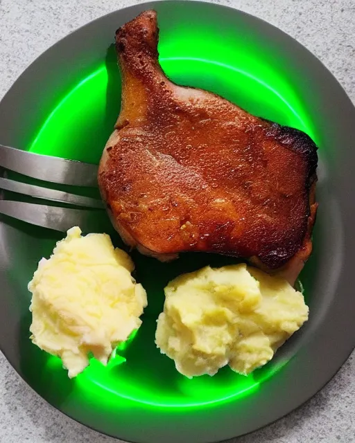 Image similar to green gamer LED porkchops and mashed potatos by razer, HD, trending on artstation, instagram post, lights in food, bright food, LED