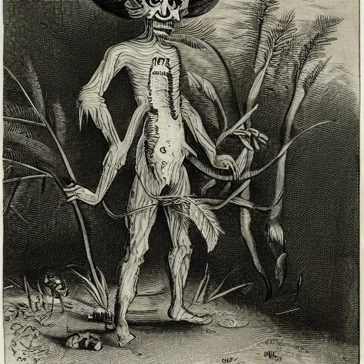 Image similar to A colonial zombie standing in the middle of the jungle, engraving, ink, black and white, 17th century