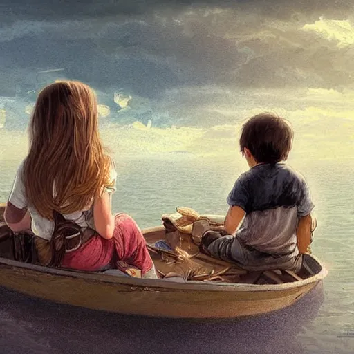 Image similar to 2 children sitting on a boat a boy and a girl a boy has brown hair messy while the girl has blonde straight hair digital painting, artstation, concept art, soft light, hdri, smooth, sharp focus, illustration, fantasy, intricate, elegant, highly detailed, D&D, matte painting, in the style of Greg Rutkowski and Alphonse Mucha and artemisia, 8k, highly detailed, jurgens, rutkowski, bouguereau, pastoral, rustic, georgic