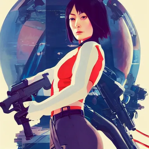 Image similar to olivia wilde holding a blaster, very very anime!!!, fine - face, realistic shaded perfect face, fine details. anime. realistic shaded lighting poster by ilya kuvshinov katsuhiro otomo ghost - in - the - shell, magali villeneuve, artgerm, jeremy lipkin and michael garmash and rob rey