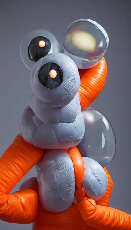 Image similar to a single still slender figurine of a tall giant inflated space man action figure wearing over sized orange puffy bomber jacket, long bendy arms and legs, googly eyes, tareme eyes, small head, personification, dynamic pose, detailed product photo, tone mapped, beautiful composition, 8 5 mm, f 5. 8, soft lighting