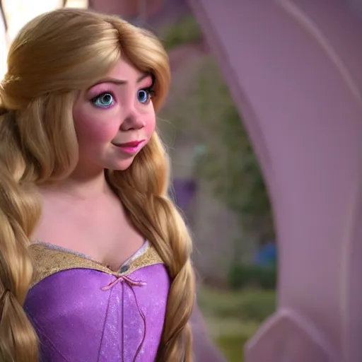 Image similar to Jennette McCurdy as Rapunzel in disney tangled live action, 8k full HD photo, cinematic lighting, anatomically correct, oscar award winning, action filled, correct eye placement,