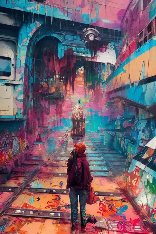 Prompt: trains covered colorful graffiti with paint drip, greg rutkowski, and moebius and loish and artgerm, painterly, illustration, backlit, beautiful artist rendering, gorgeous, masterpiece