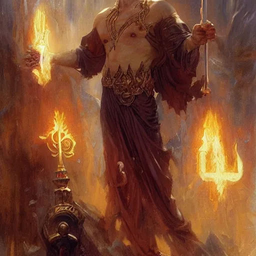 Image similar to attractive male deity casts dark spell, summoning handsome lucifer morningstar. highly detailed painting by gaston bussiere, craig mullins, j. c. leyendecker 8 k