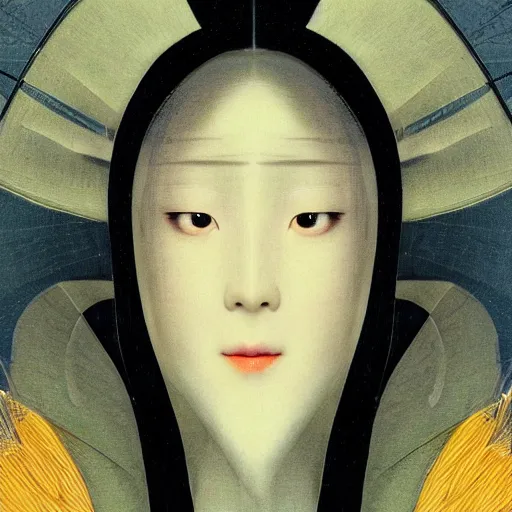 Image similar to close-up portrait of a beautiful Korean Luxurious Goddess wearing an elegant futuristic outfit posing dramatically in the art style of Hieronymus Bosch, rule of thirds, fair complexity, 4k quality