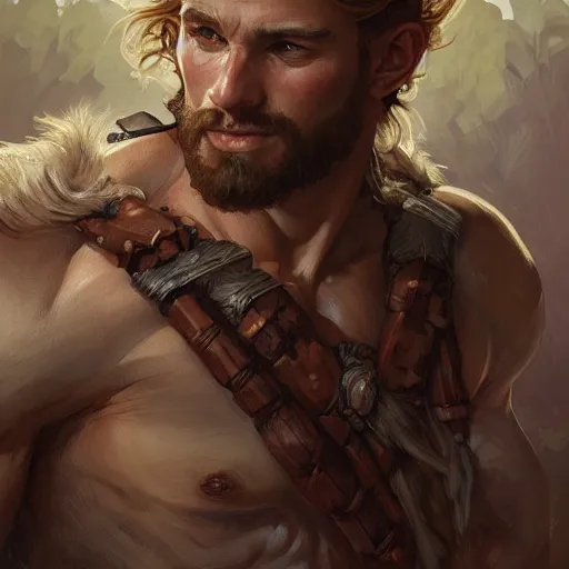 Image similar to portrait of a young rugged male barbarian, handsome, upper body, D&D, muscular, fantasy, intricate, elegant, highly detailed, digital painting, artstation, concept art, smooth, sharp focus, illustration, art by artgerm and greg rutkowski and alphonse mucha