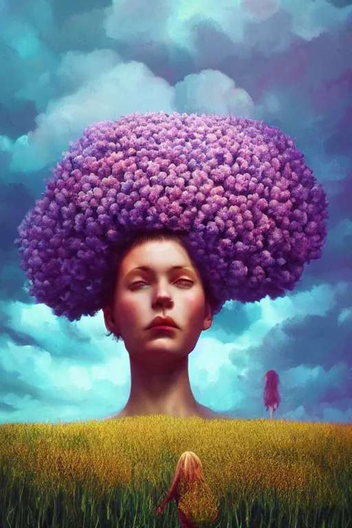 Image similar to closeup, huge flowers as head mohawk, woman in heather field, surreal photography, starlight, storm clouds, impressionist painting, digital painting, artstation, simon stalenhag