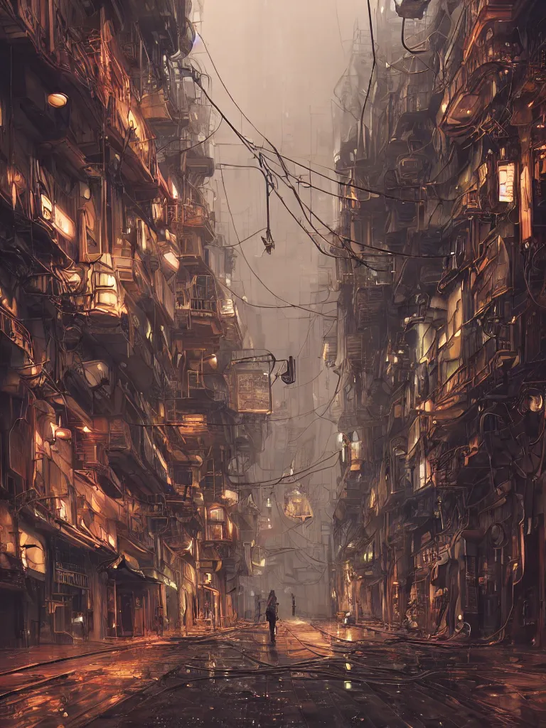 Image similar to steampunk futuristic street, hanging cables, narrow, garbage on the ground. rain. fog, haze, evening. led screens. golden hour. volumetric lighting. cables on the ground. very messy. futuristic. photorealistic. artstation. anime. studio gimbli style