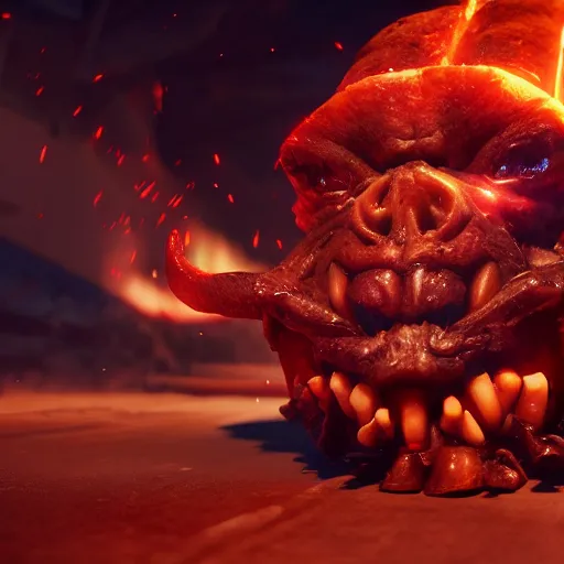 Image similar to demonic possessed taco, expression, unreal engine, by artgerm, wlop and ross thran, dramatic cinematic lighting rendered by octane, 8 k, detailed