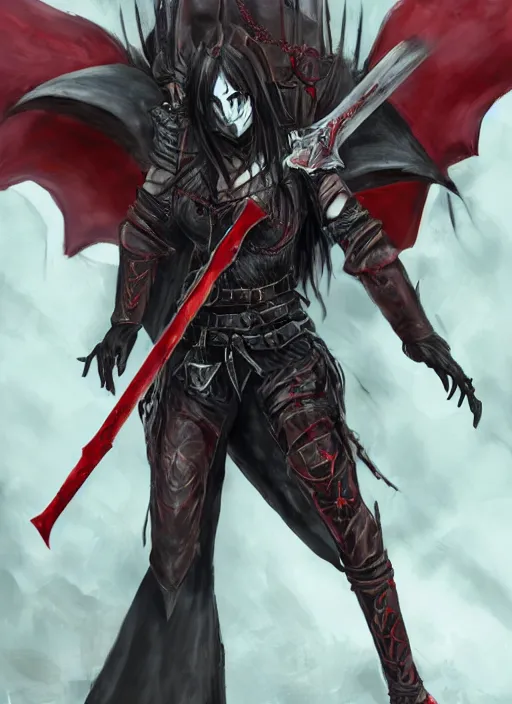 Prompt: female vampire knight, flying, barefoot, black plate armor, historical armor, good protection, monstrous mask, giant two - handed sword dripping blood, red wings, grinning, barefeet, detailed, realistic, dnd.
