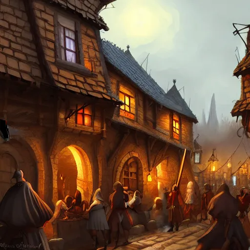 Image similar to busy medieval village, deviantart, artstation, fantasy