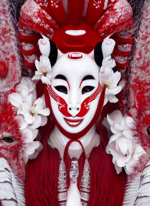 Image similar to albino maiko with a kitsune mask, fluent composition, red and white neon, concept art, ambient light, 4 k, intricate details, highly professionally detailed, cgsociety, highly detailed -