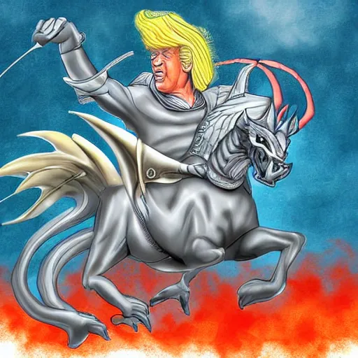 Image similar to trump riding a dragon, digital art