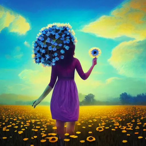 Prompt: giant daisy flower as head, full body, girl walking in a flower field, surreal photography, sunrise dramatic light, impressionist painting, colorful clouds, digital painting, artstation, simon stalenhag, flower face