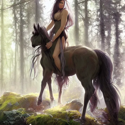 Prompt: centaur trapped in woods, desperate, dark green trimmed clothing, sharp focus, intricate, cinematic lighting, smooth, ultra realistic digital art, high fantasy, elegant, by artgerm, greg rutkowski, alphonse mucha