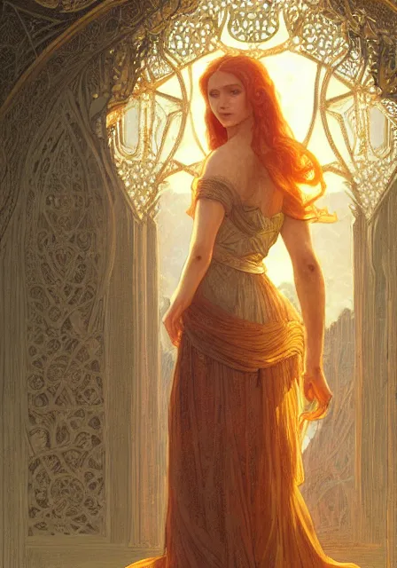 Image similar to sansa stark gold sunny lights, intricate, elegant, highly detailed, digital painting, artstation, concept art, smooth, sharp focus, illustration, art by artgerm and greg rutkowski and alphonse mucha and william - adolphe bouguereau