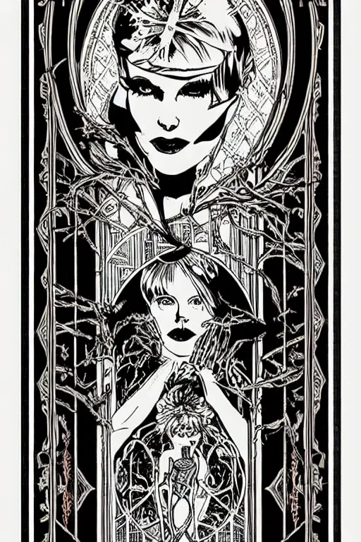 Image similar to a horror tarot card design with intricate details :: like the great gatsby