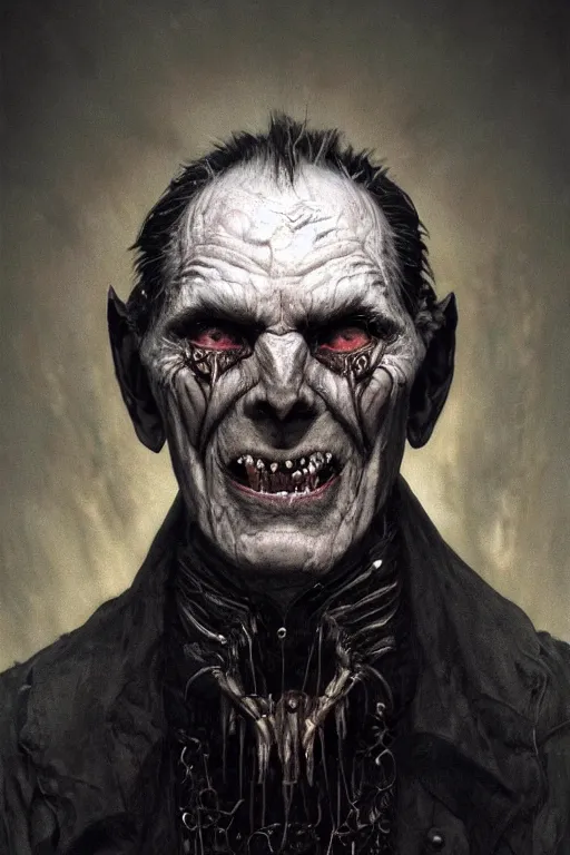 Prompt: portrait of a old vampire slightly smiling, intricate wrinkles, dystopian terror, sharp black fangs, night light, extremely detailed, digital painting, candles, sculpted in zbrush, artstation, concept art, smooth, sharp focus, illustration, chiaroscuro lighting, golden ratio, incredible art by Stanley Artgerm Lau and Greg Rutkowski, composition by Alphonse Mucha and Simon Stalenhag