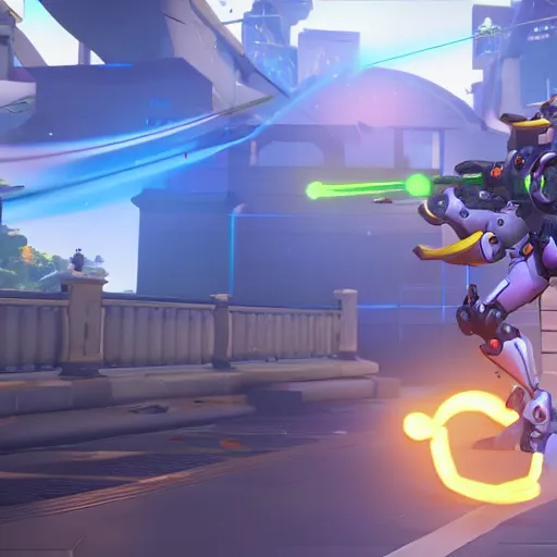 Image similar to overwatch 4 k ray tracing, highly detailed, d. va mech shooting, fighting on point, capturing