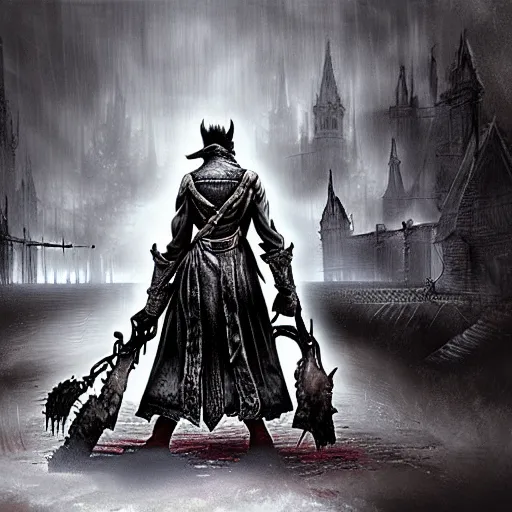 Prompt: Bloodborne Hunter wizard communing with a Great Old One. Dark. Detailed. Concept Art