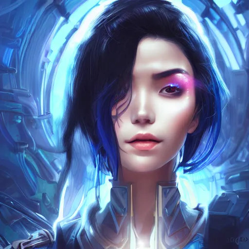 Image similar to closeup portrait of a young asian Cyberpunk woman with dark blue hair, fantasy, intricate, elegant, highly detailed, digital painting, artstation, concept art, matte, sharp focus, illustration, hearthstone, art by Artgerm and Gred Rutkowski and Alphonse Mucha