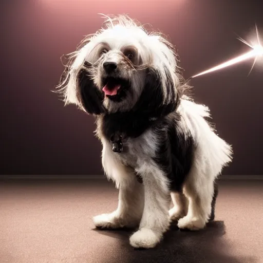 Prompt: photograph of a futuristic robotic black coton de tulear dog with black fur, wearing power armor, explosion in the background, cinematic