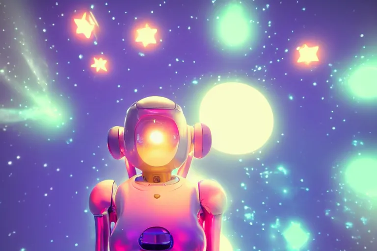 Image similar to a beautiful calm robot girl looking up to the stars, photograph, colorful background, render, 3 d, render, glows, neon, 8 k, 4 d,