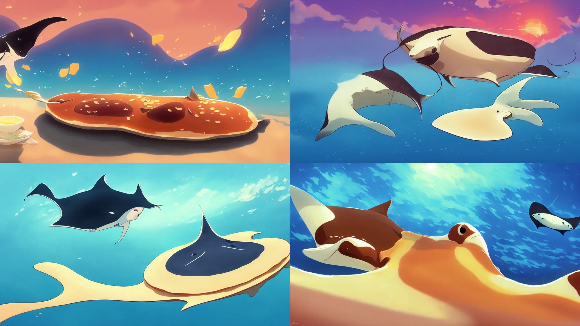 Image similar to painting of a happy flat pancake manta ray swimming in syrup, cute, 4 k, manta ray made of pancake, fantasy food world, living food adorable pancake, brown atmospheric lighting, by makoto shinkai, studio ghibli, ross tran