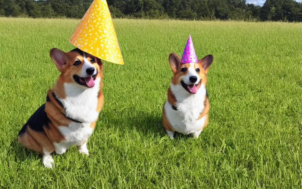 Image similar to A photo of corgi in a field, wearing a party hat.