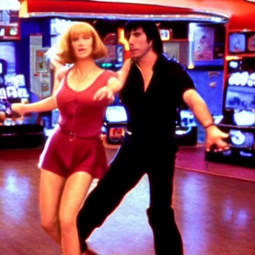 Prompt: uma thurman and john travolta in dance dance revolution, pulp fiction edition, playstation 2 video game