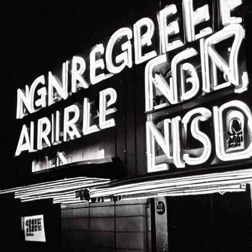 Prompt: the exterior of a night club, neon signs, night, arriflex 35mm