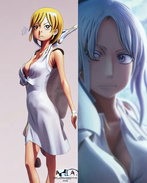 Image similar to nami from one piece, simple cream dress, detailed perfect face, mid view, by artgerm, by studio muti, greg rutkowski makoto shinkai takashi takeuchi studio ghibli