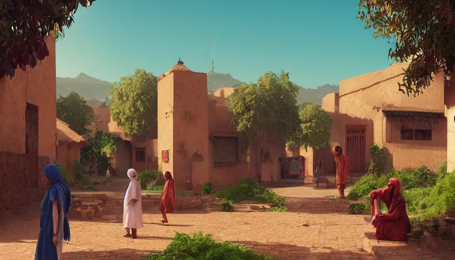 Image similar to very very small moroccan village, sitting on a gigantic green leaf by ilya kuvshinov, rtx rendering, octane render 1 2 8 k, maya, extreme high intricate details by tom bagshaw, medium shot, close up shot, composition by sana takeda, lighting by greg rutkowski