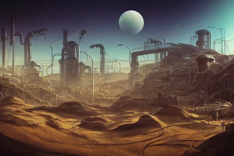 Image similar to sci - fi favela, art nouveau desert environment, industrial factory, cliffs, gloomy, milky way, award winning art, epic dreamlike fantasy landscape, ultra realistic,