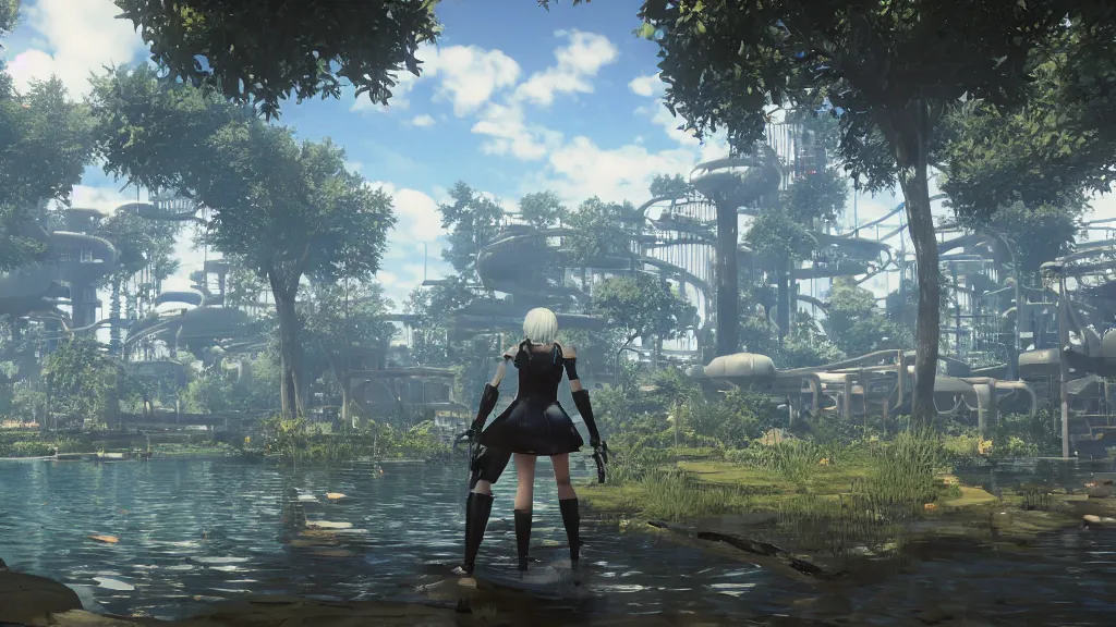 Prompt: Screenshot from Nier Automata, beautiful landscape at a water park