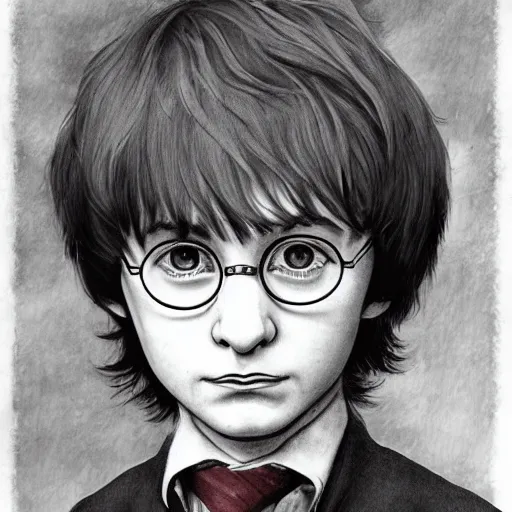 Image similar to a close up portrait of harry potter as a child, art station, highly detailed, concept art, sharp focus, illustration in pen and ink, wide angle, by Kentaro Miura