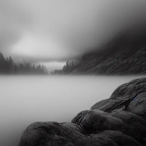 Prompt: film photography of a three headed fish swimming through cloudy fog by Kim Keever, low shutter speed, 35mm